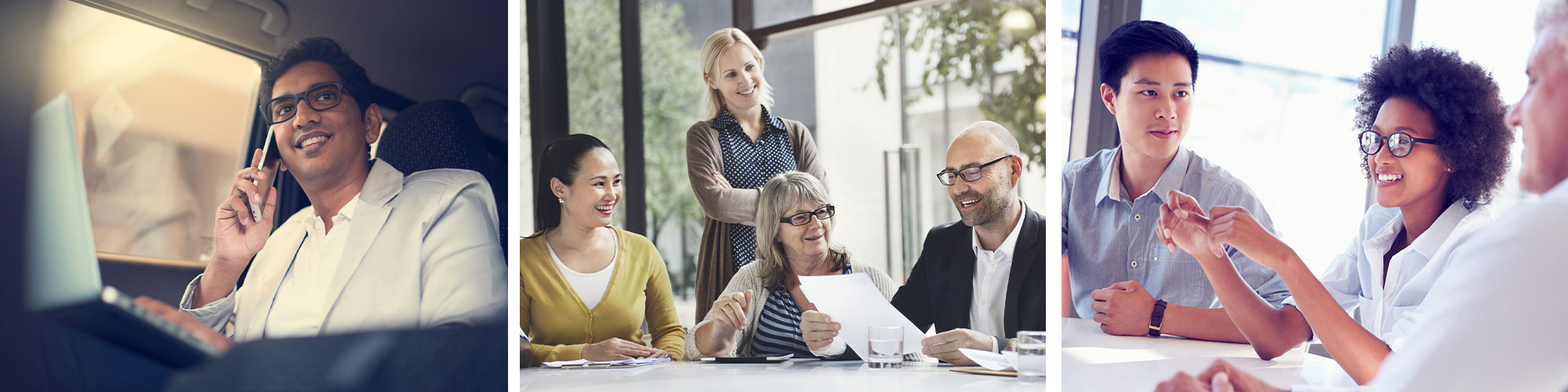 A confident professional on a call in a car, followed by a diverse team engaged in discussion and collaboration around a table.